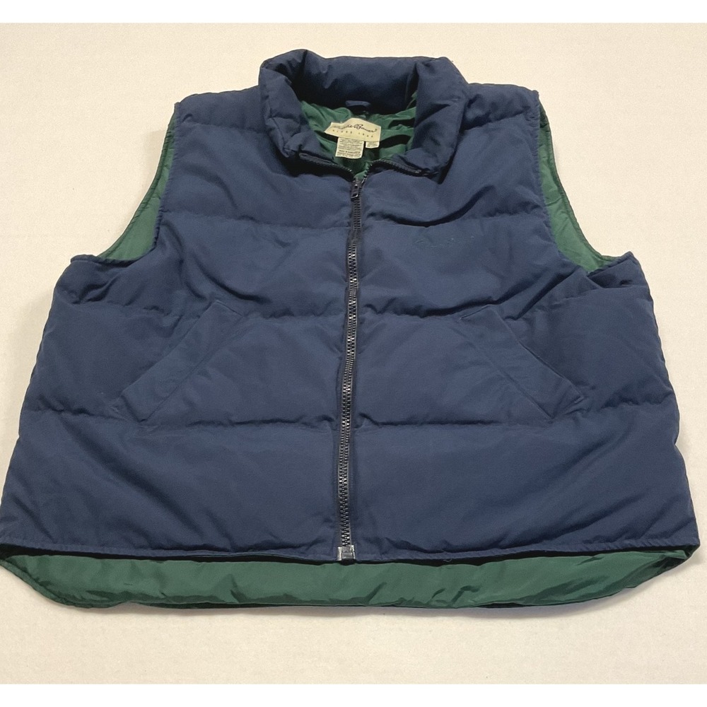 Eddie Bauer Mens XL Goose Down Puffer Vest Navy Blue Green Full Zip Vintage